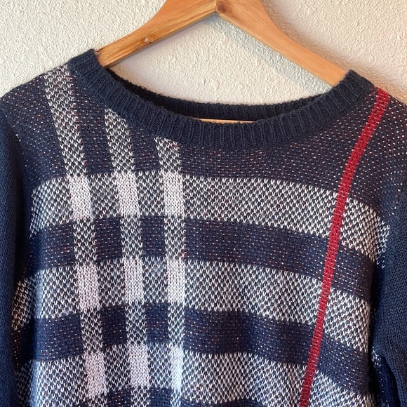 Dark Blue Plaid Design Crew Neck Sweater - Picture 3 of 4